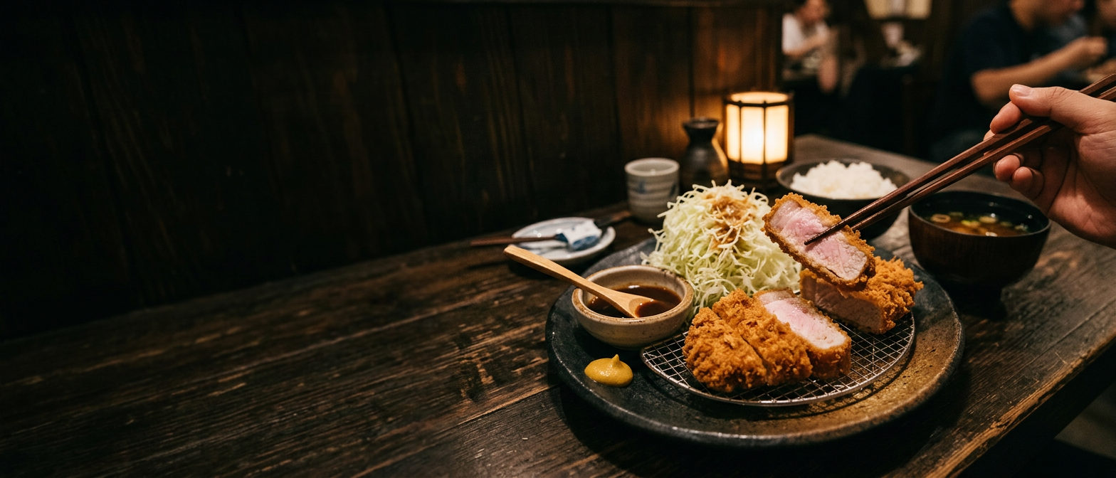 Sliced golden tonkatsu on a wire rack, one piece lifted with chopsticks