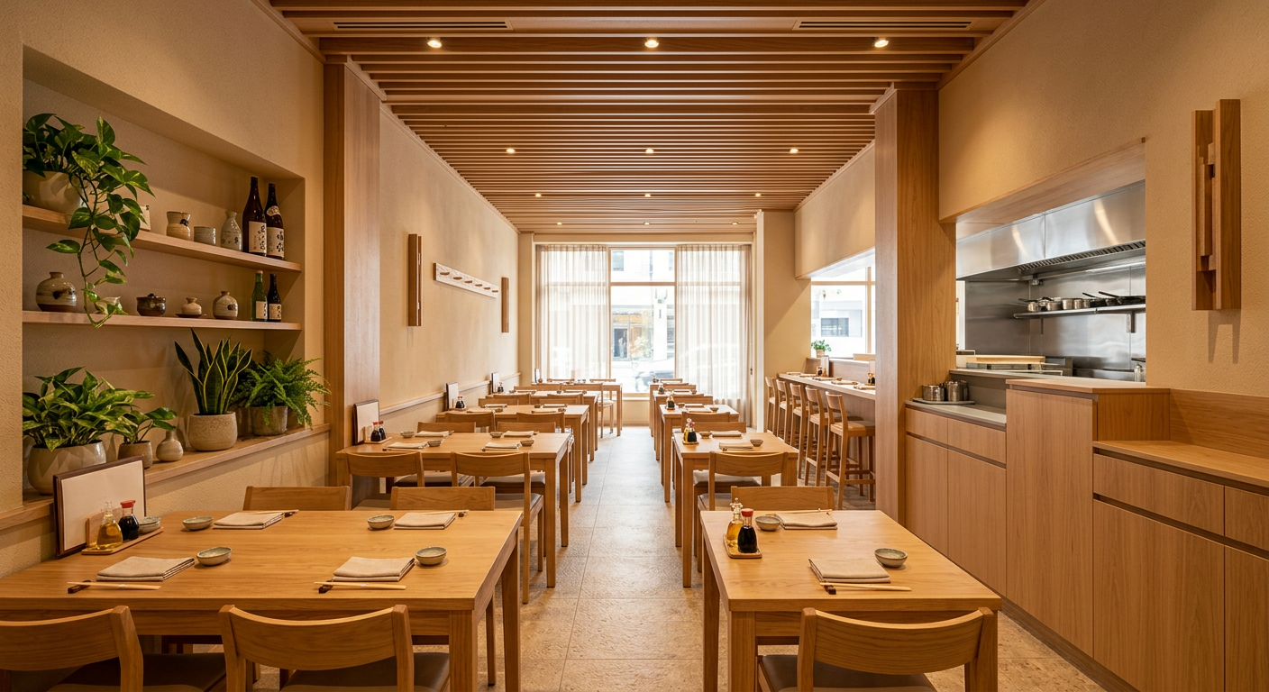 Warm wood dining room inside the restaurant