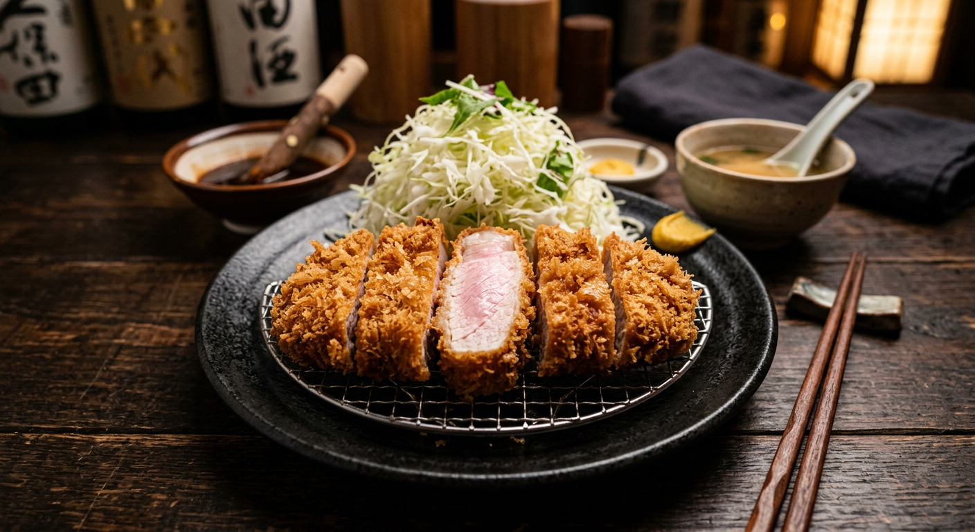 Thick-cut premium rosu katsu sliced on a wire rack