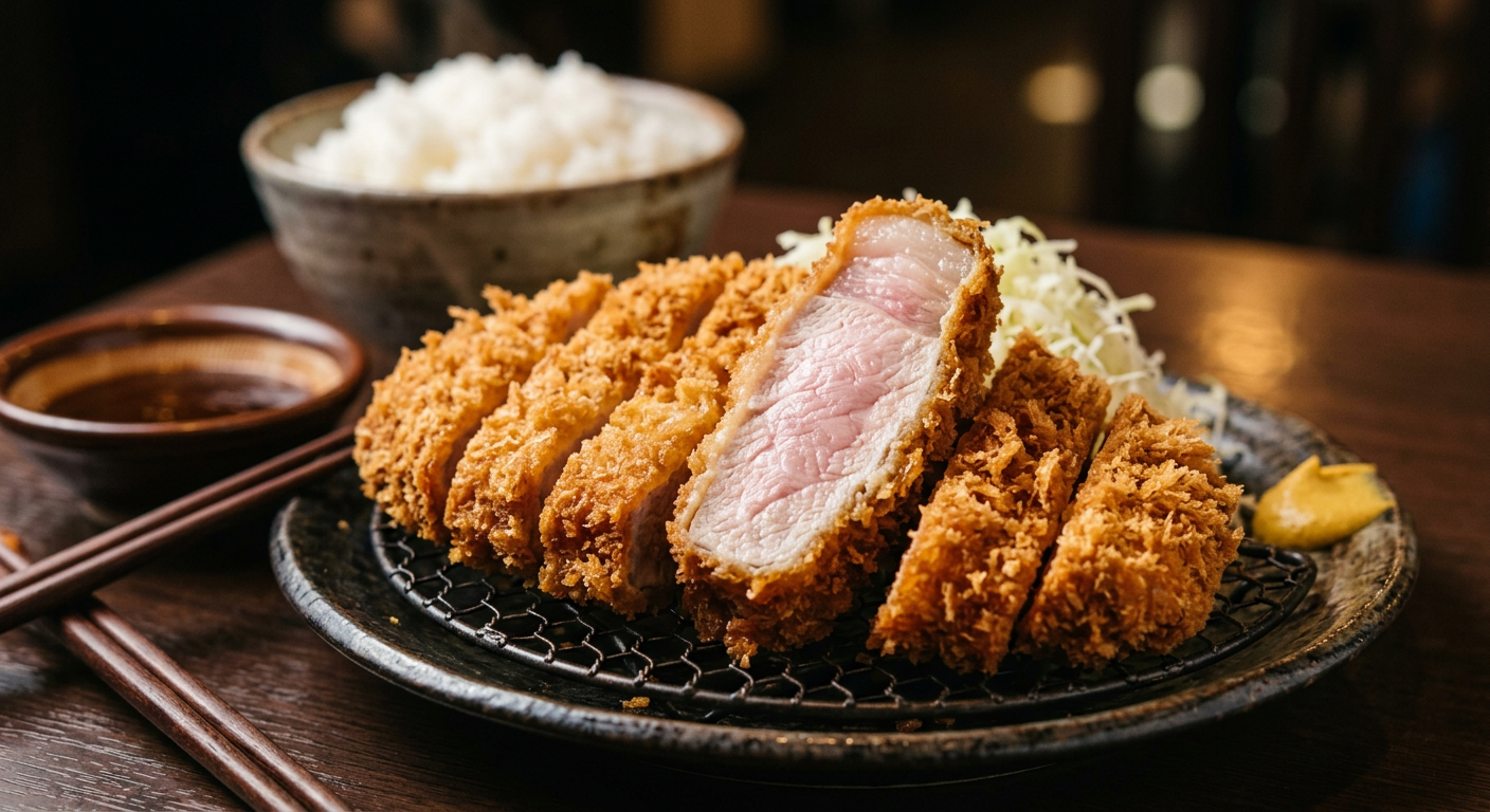 Sliced rosu pork loin katsu with a pink, tender center