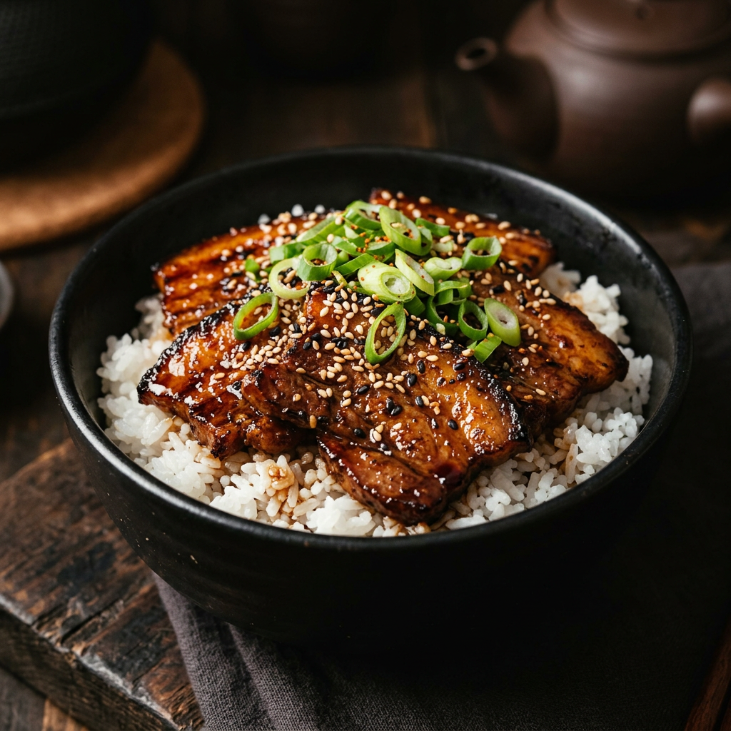 Butadon pork rice bowl with scallions and sesame