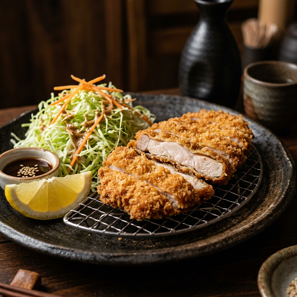 Sliced chicken katsu with shredded cabbage and lemon
