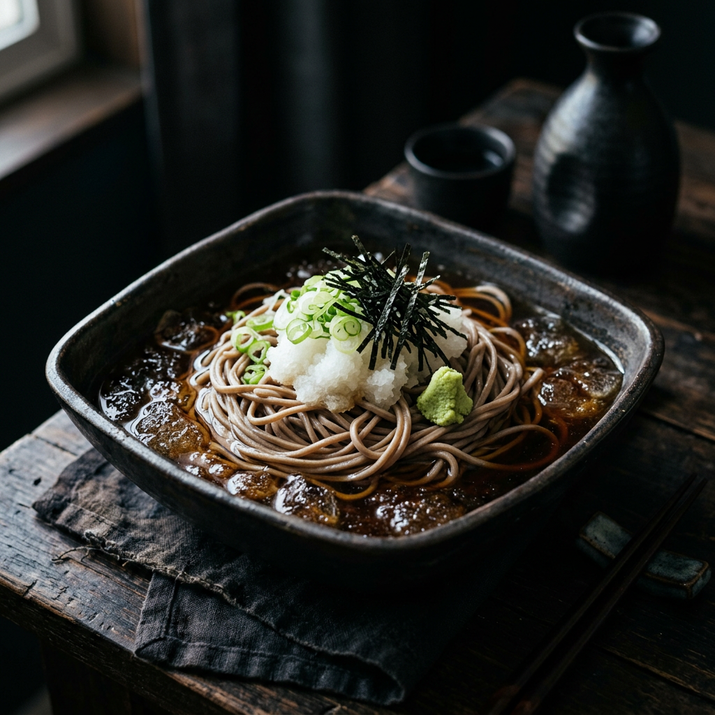 Cold soba in iced broth with daikon and nori