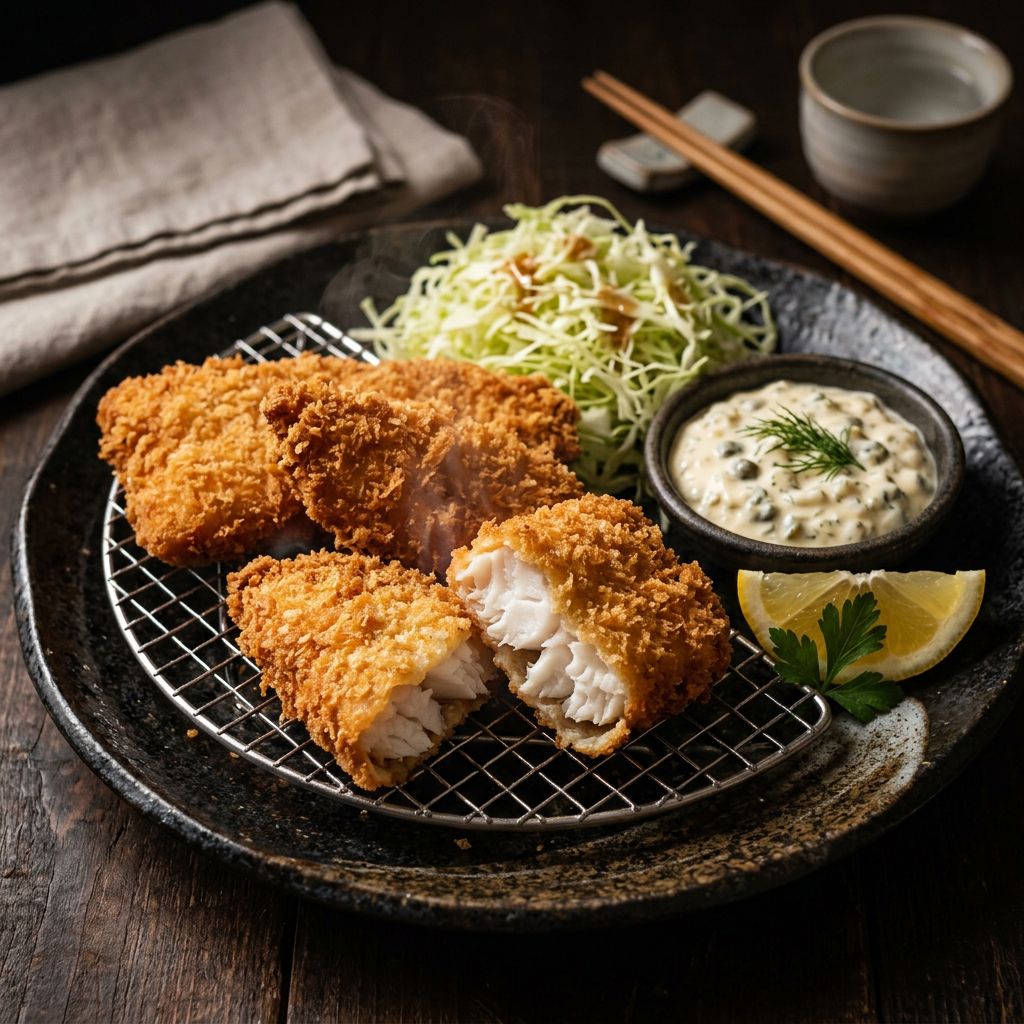 Fish katsu fillets with tartar sauce and lemon