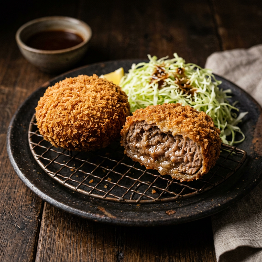 Two menchi katsu cutlets, one cut open to show the juicy filling