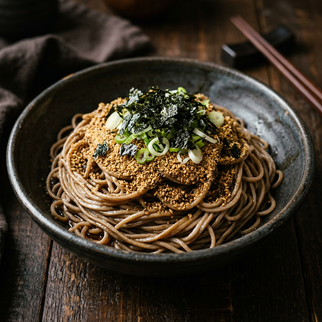 Perilla oil soba topped with perilla powder and seaweed