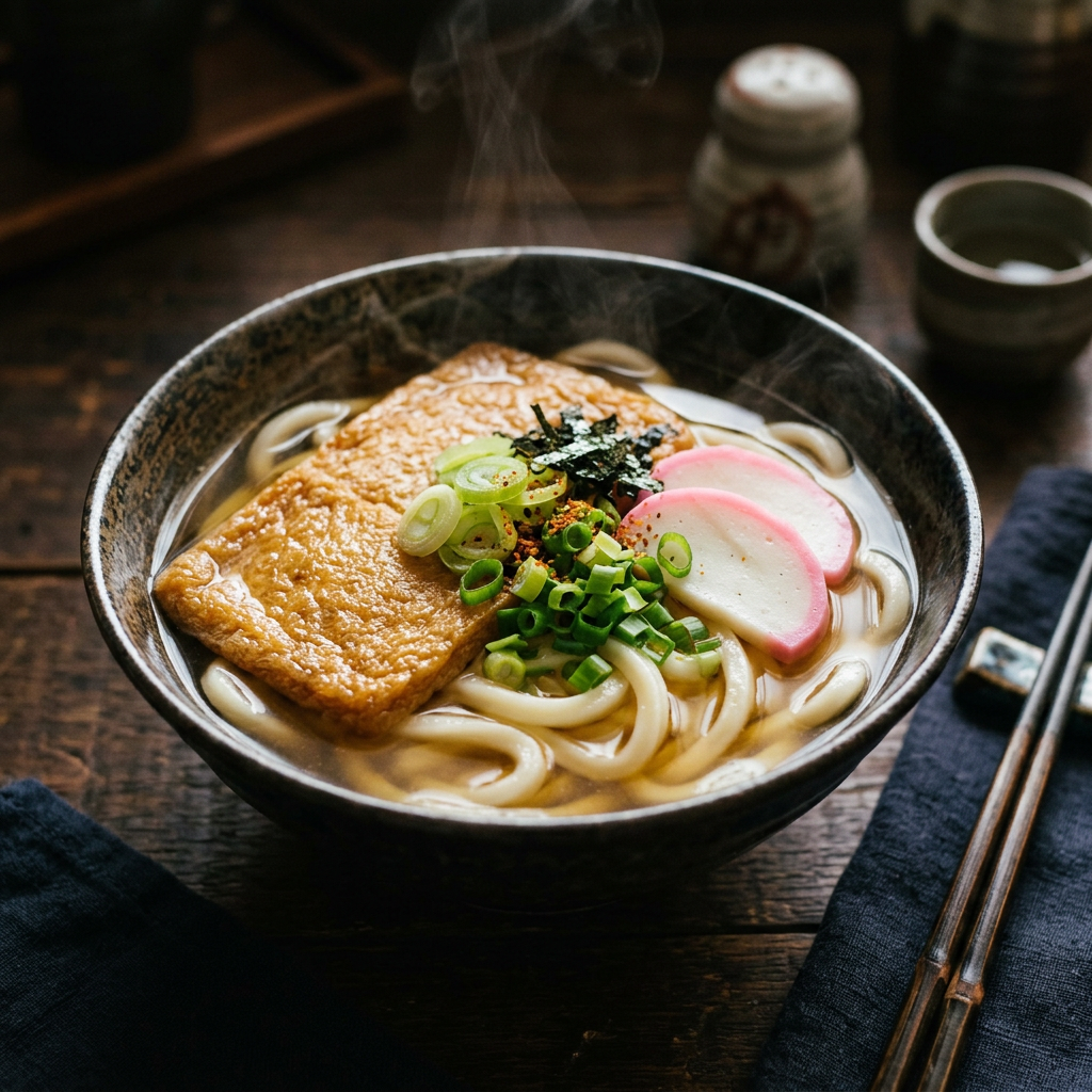 Udon noodles in dashi broth with fish cake and scallions